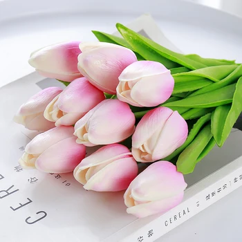 Lalele Flori Artificiale Roz, Aur Alb PU Atingere Reală pentru Acasă Decorare Grădină Fals Latex Buchet de Nunta Utilizare