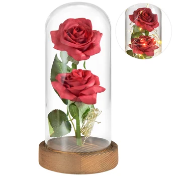 LED Fermecat 2 Trandafiri frumoasa si ia Veșnică Flori În Cupolă de Sticlă Cadou Romantic pentru Nunta Ziua Îndrăgostiților Crăciun