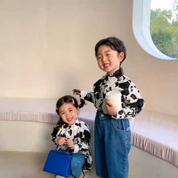 Moda de primăvară panda imprimare băieți și fete cu maneca lunga tricouri 2021 drăguț Fratele și sora haine casual Topuri