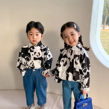 Moda de primăvară panda imprimare băieți și fete cu maneca lunga tricouri 2021 drăguț Fratele și sora haine casual Topuri