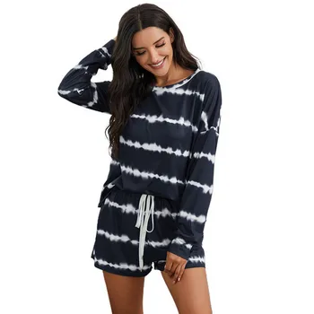 Noua Toamna Lega de Vopsire Două Bucata Set Femei pe Gât Rotund Maneca Lunga&Elastic pantaloni Scurți Sport 2020 Moda Subțire cu Dungi 2 buc Set Pijama