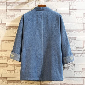 Oamenii Moale Denim Vesta Kimono Broască De Închidere Model De Broderie 2021 Noi Maneci Trei Sferturi Stil Japonia Stand Collar Coat Albastru
