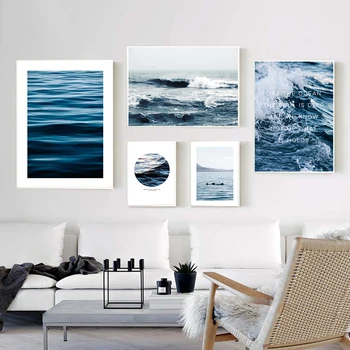 Ocean albastru Panza Tablou Peisaj Frumos Poza Perete pentru Living Modern Minimalist Text Postere si Printuri Val de Mare