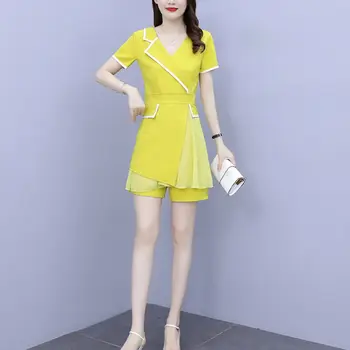 Plus Dimensiune Femei 2021 Vara pantaloni Scurți de Moda Două Bucata Costum coreeană Slim Maneci Scurte Îmbinat Cămașă Pantaloni Office Lady Set zh732
