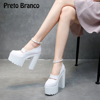 PRETO BRANCO 2021 Alb 14.5 CM Toc Gros Urăsc Sandale inalte Impermeabil Platforma Toc Gros Pantofi Model de Catwalk Pantofi ZYW