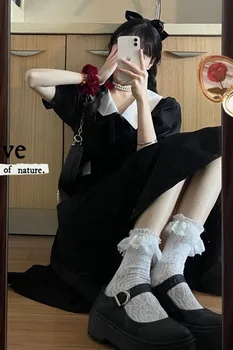 Rochie neagra Stil coreean Nou Bubble Sleeve Contrast de Culoare Siret Mid-Lungime Rochie Maneci Scurte pentru Femei de Moda lolita rochie