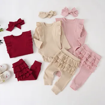 Seturi de îmbrăcăminte copil haine fata Copil Copil Fete Culoare Solidă Volane Arc Maneca Lunga Îmbrăca Romper Trei piese haine fete