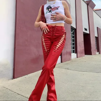 Solid Tubulare Drepte Pantaloni Femei 2021 Bandaj Faux din Piele PU Fashion Street Pantaloni Stil Feminin