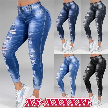 Spălat Rupt Blugi Femei Plus Dimensiune S-5XL-coreean de Înaltă Talie Pantaloni Skinny din Denim Jeans Albastru Negru Gol Albite Creion Pantaloni