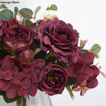Un buchet 29*20 cm Mini Rose Hortensie Pânză de Flori Artificiale Pentru Petrecerea de Nunta Acasa, Cameră de Căsătorie Pălării Accesorii de Flori de Mătase