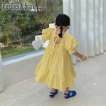 Vara Fete Dress Copilul Vestidos Copii Rochie Lungă Copii Haine De Moda Gât Pătrat Înapoi Siret Puff Sleeve Solid De La 1 La 7 Ani