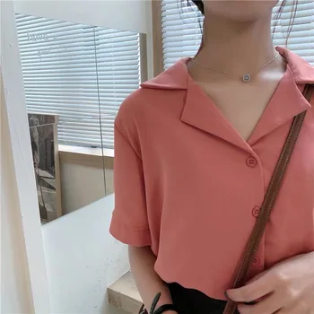 Șifon Bluza Femei 2021 Vara Tricouri Solidă Maneca Scurta Alb V Gât Topuri Coreean Casual Elegant De Îmbrăcăminte De Sex Feminin Blusas